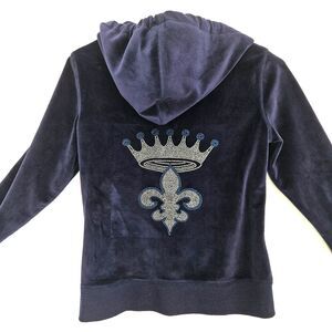 WHITE MARK Blue Velvet Velour Full Zip Hoodie Womens SMALL Rhinestone Crown Y2K